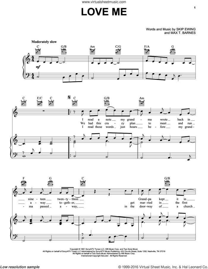 Love Me sheet music for voice, piano or guitar by Skip Ewing and Max T. Barnes, intermediate skill level