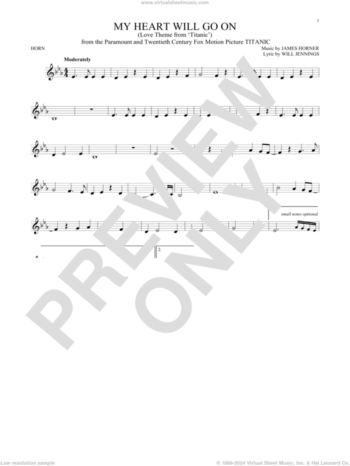 My Heart Will Go On (Love Theme From Titanic) sheet music for horn solo by Celine Dion, James Horner and Will Jennings, wedding score, intermediate skill level