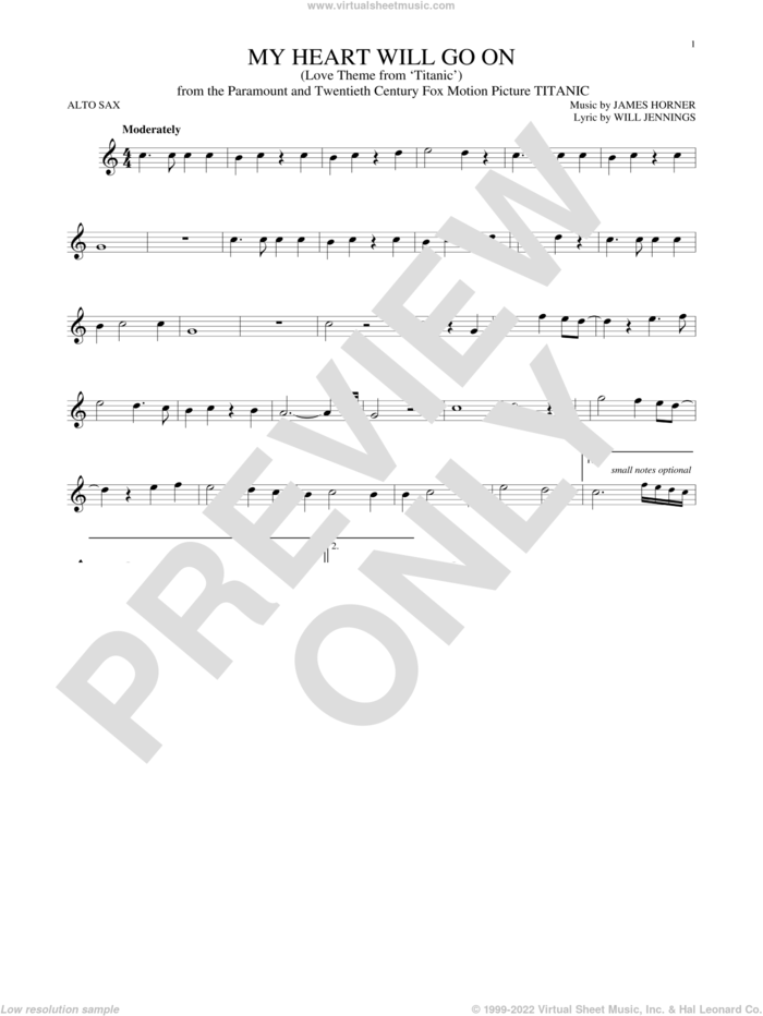 My Heart Will Go On (Love Theme From 'Titanic') sheet music for alto saxophone solo by Celine Dion, James Horner and Will Jennings, wedding score, intermediate skill level
