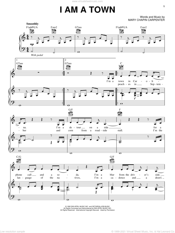 I Am A Town sheet music for voice, piano or guitar by Mary Chapin Carpenter, intermediate skill level