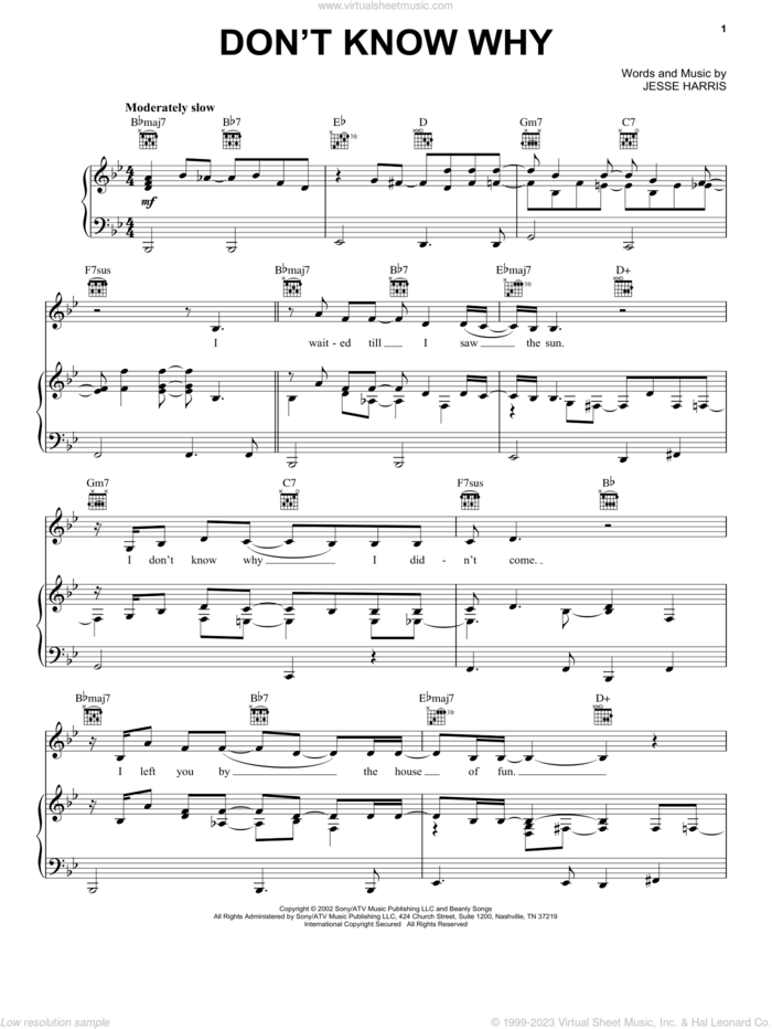 Don't Know Why sheet music for voice, piano or guitar by Norah Jones and Jesse Harris, intermediate skill level