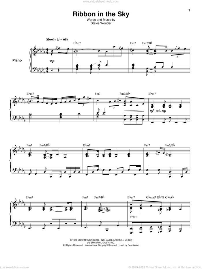 Ribbon In The Sky sheet music for keyboard or piano by Stevie Wonder, intermediate skill level