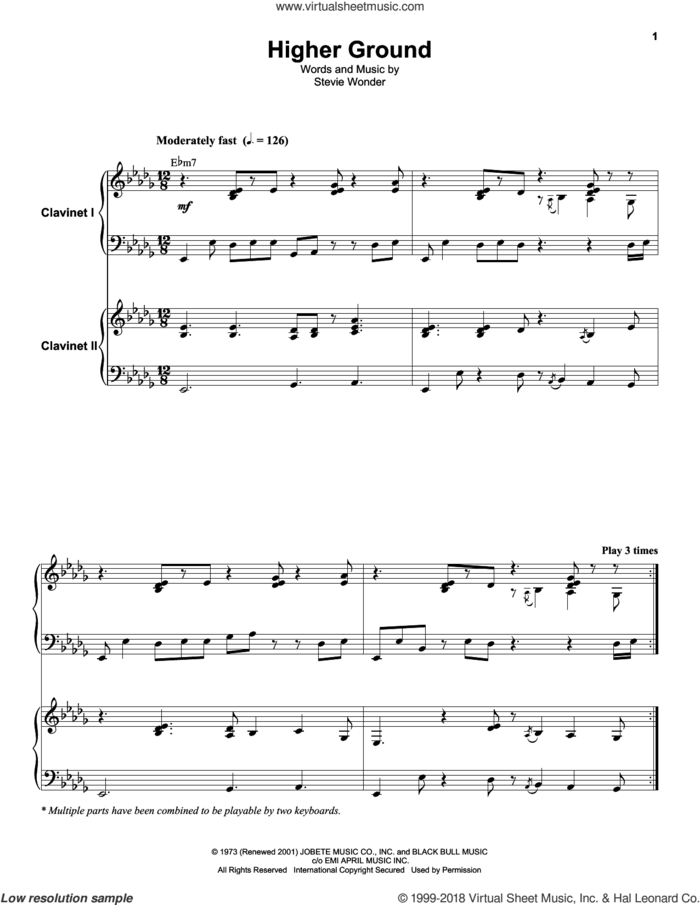 Higher Ground sheet music for keyboard or piano by Stevie Wonder, intermediate skill level