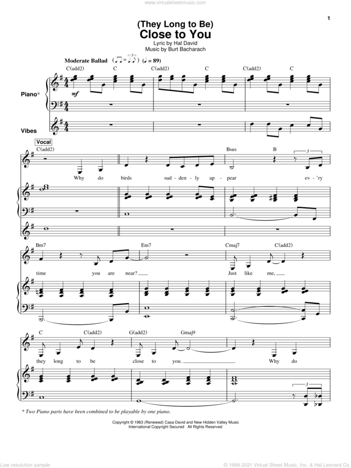 (They Long To Be) Close To You sheet music for keyboard or piano by Burt Bacharach, Carpenters and Hal David, intermediate skill level