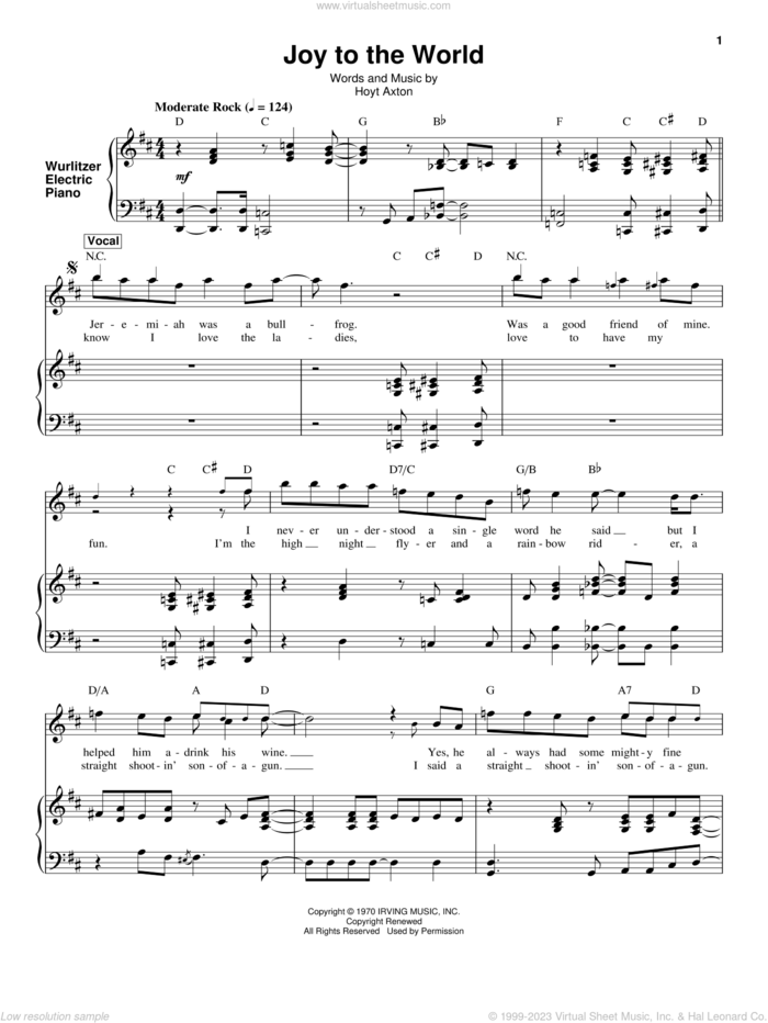 Joy To The World sheet music for keyboard or piano by Three Dog Night and Hoyt Axton, intermediate skill level