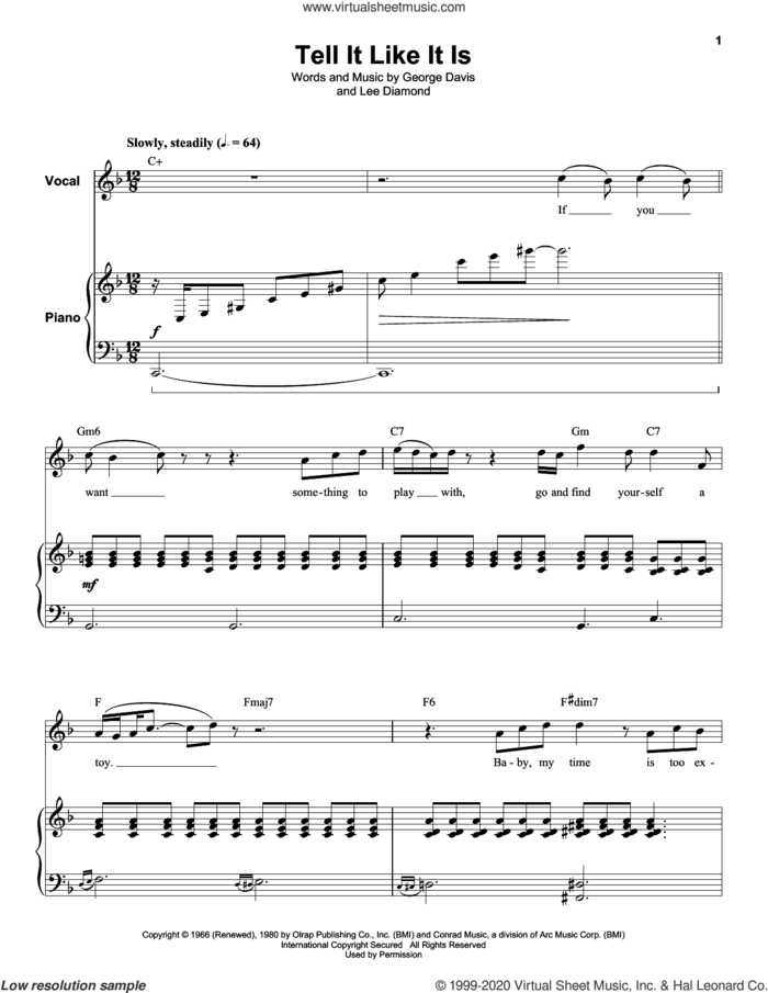 Tell It Like It Is sheet music for keyboard or piano by Heart, Aaron Neville, George Davis and Lee Diamond, intermediate skill level