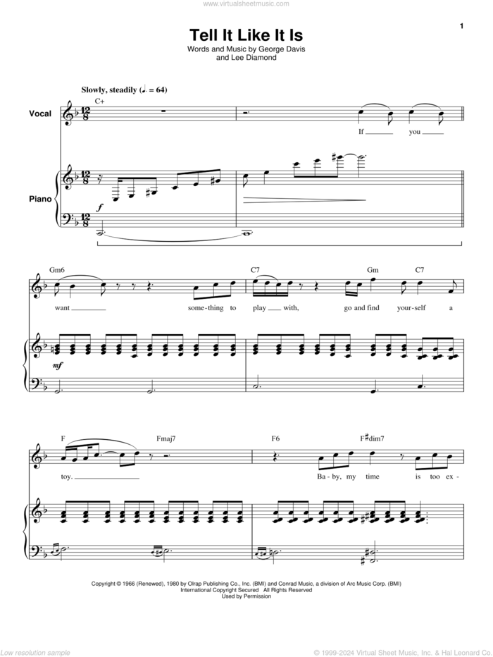 Tell It Like It Is sheet music for keyboard or piano by Heart, Aaron Neville, George Davis and Lee Diamond, intermediate skill level