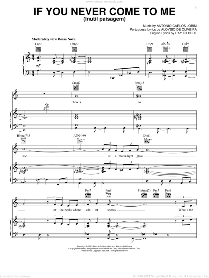 If You Never Come To Me (Inutil Paisagem) sheet music for voice, piano or guitar by Antonio Carlos Jobim, Frank Sinatra, Aloysio de Oliveira and Ray Gilbert, intermediate skill level