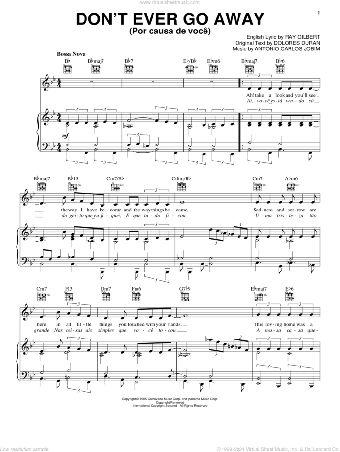 Don't Ever Go Away (Por Causa De Voce) sheet music for voice, piano or guitar by Antonio Carlos Jobim, Frank Sinatra, Dolores Duran and Ray Gilbert, intermediate skill level
