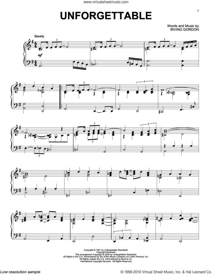 Unforgettable, (intermediate) sheet music for piano solo by Irving Gordon, Dinah Washington, Nat King Cole and Natalie Cole, intermediate skill level