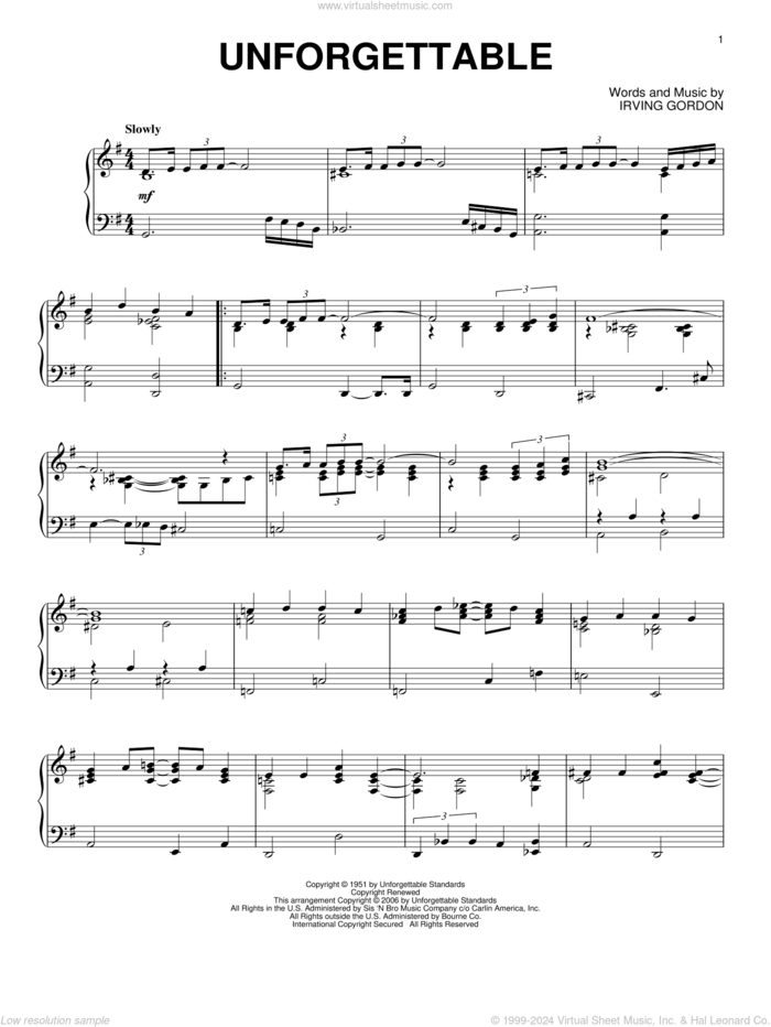 Unforgettable, (intermediate) sheet music for piano solo by Irving Gordon, Dinah Washington, Nat King Cole and Natalie Cole, intermediate skill level