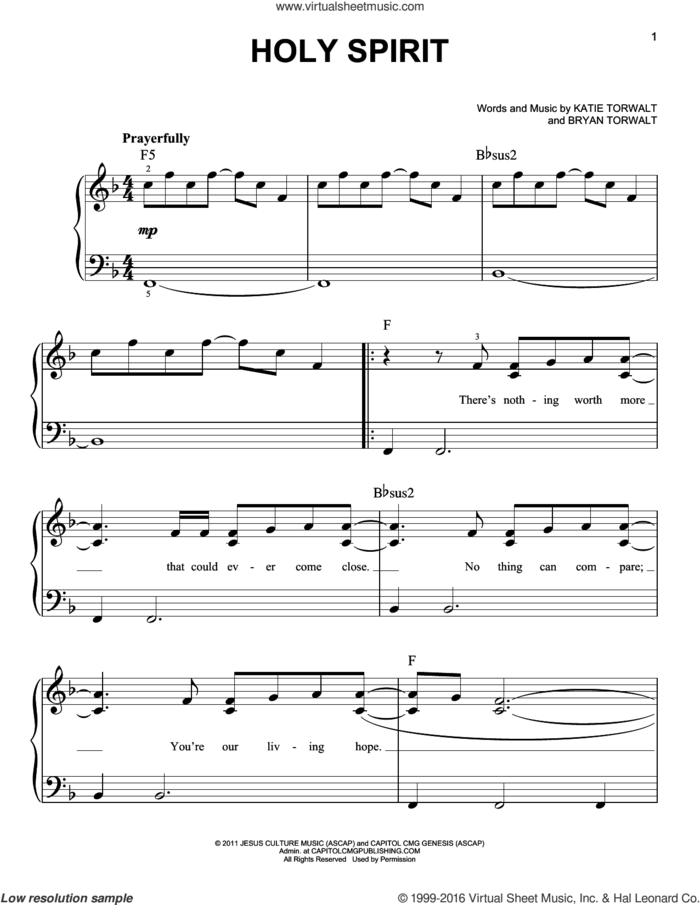 Holy Spirit, (easy) sheet music for piano solo by Bryan Torwalt, Bryan & Katie Torwalt, Francesca Battistelli and Katie Torwalt, easy skill level