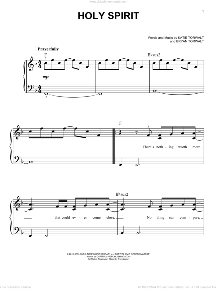 Holy Spirit, (easy) sheet music for piano solo by Bryan Torwalt, Bryan & Katie Torwalt, Francesca Battistelli and Katie Torwalt, easy skill level