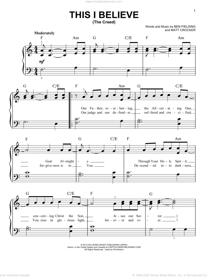 This I Believe (The Creed) sheet music for piano solo by Hillsong Worship, Ben Fielding and Matt Crocker, easy skill level