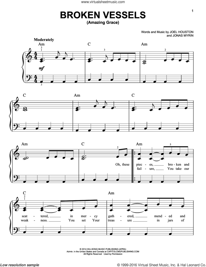 Broken Vessels (Amazing Grace) sheet music for piano solo by Joel Houston, Hillsong Worship and Jonas Myrin, easy skill level