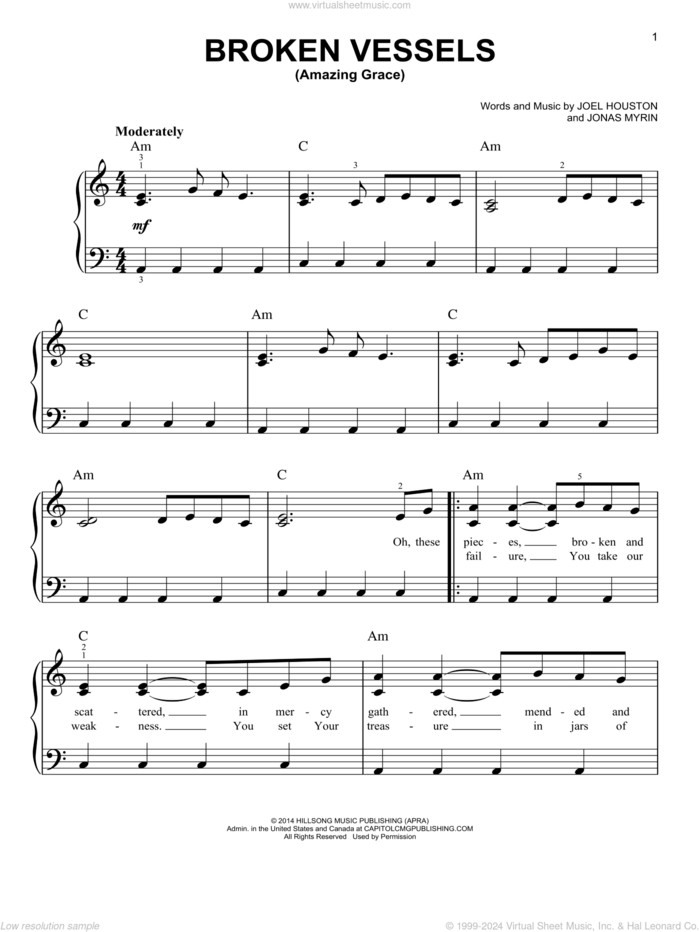 Broken Vessels (Amazing Grace) sheet music for piano solo by Joel Houston, Hillsong Worship and Jonas Myrin, easy skill level