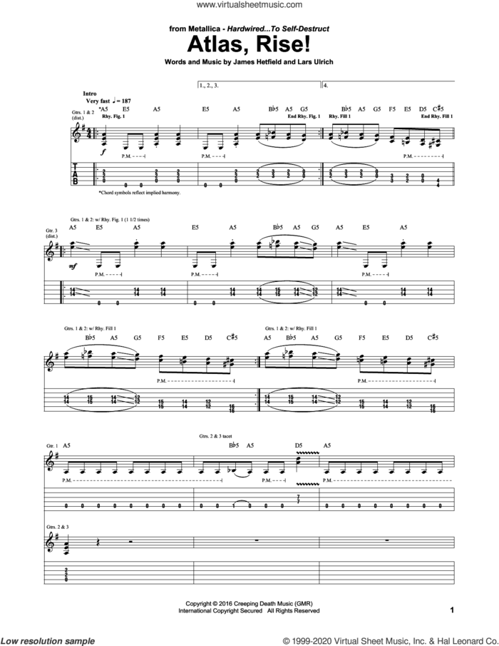 Atlas, Rise! sheet music for guitar (tablature) by Metallica, James Hetfield and Lars Ulrich, intermediate skill level