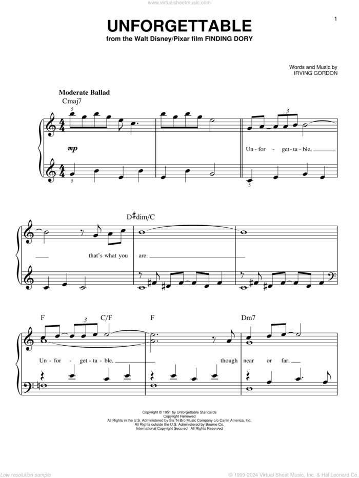 Unforgettable, (easy) sheet music for piano solo by Irving Gordon, Dinah Washington, Natalie Cole and Thomas Newman, easy skill level