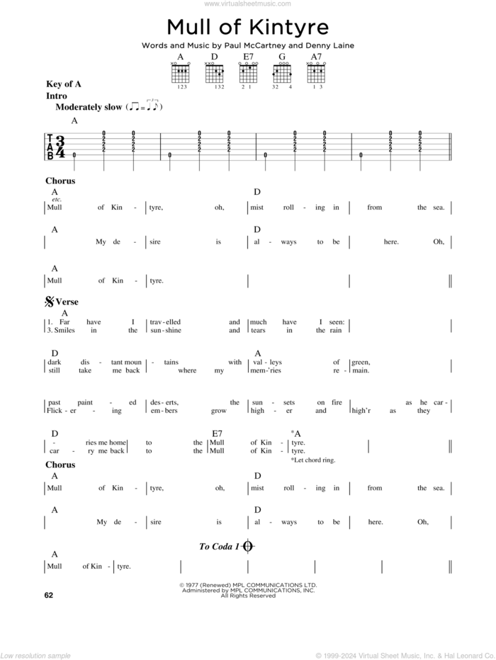 Mull Of Kintyre sheet music for guitar solo (lead sheet) by Wings, Denny Laine and Paul McCartney, intermediate guitar (lead sheet)