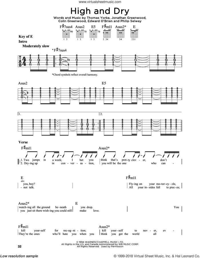 High And Dry sheet music for guitar solo (lead sheet) by Radiohead, Jamie Cullum, Colin Greenwood, Jonathan Greenwood, Philip Selway and Thom Yorke, intermediate guitar (lead sheet)