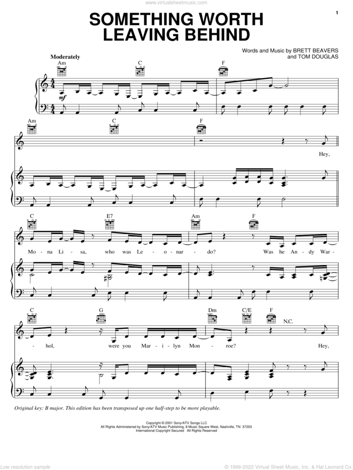 Something Worth Leaving Behind sheet music for voice, piano or guitar by Lee Ann Womack, Brett Beavers and Tom Douglas, intermediate skill level