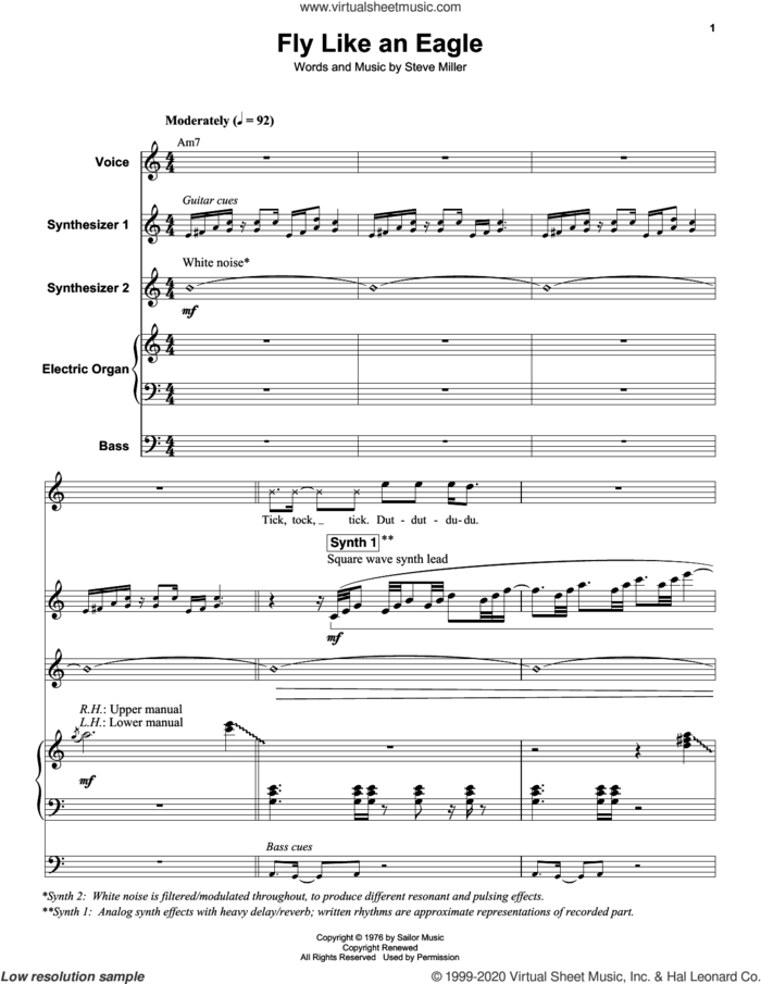 Fly Like An Eagle sheet music for keyboard or piano by Steve Miller Band and Manuel Seal, intermediate skill level