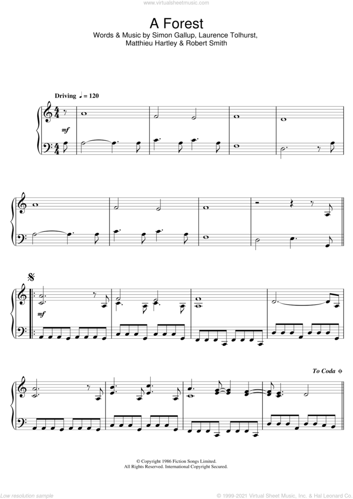 A Forest sheet music for piano solo by Ramin Djawadi, The Cure, Laurence Tolhurst, Matthieu Hartley, Robert Smith and Simon Gallup, intermediate skill level