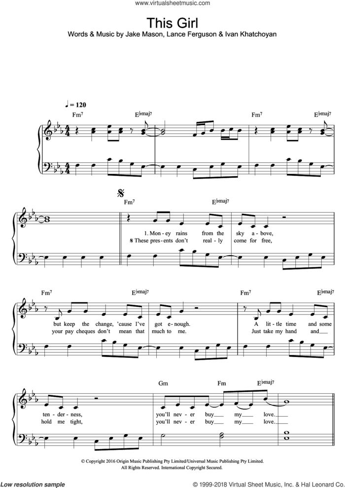This Girl sheet music for piano solo by Cookin' on 3 Burners, Kungs, Ivan Khatchoyan, Jake Mason and Lance Ferguson, easy skill level