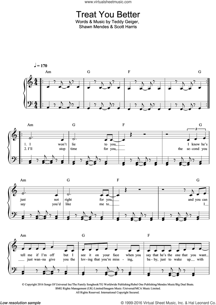 Treat You Better, (easy) sheet music for piano solo by Shawn Mendes, Scott Harris and Teddy Geiger, easy skill level
