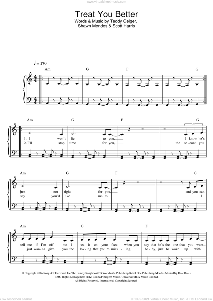 Treat You Better, (easy) sheet music for piano solo by Shawn Mendes, Scott Harris and Teddy Geiger, easy skill level