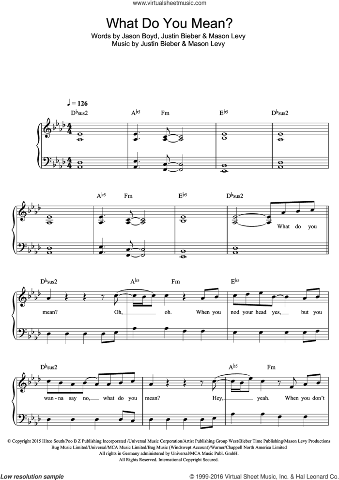 What Do You Mean? sheet music for piano solo by Justin Bieber, Jason Boyd and Mason Levy, easy skill level