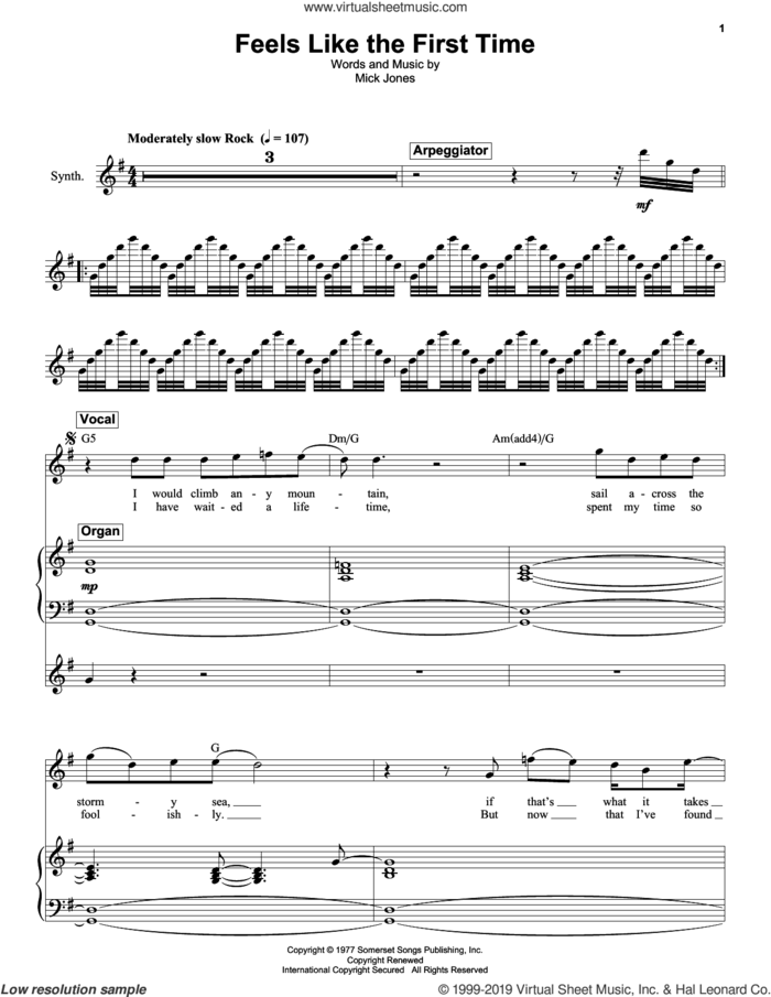 Feels Like The First Time sheet music for keyboard or piano by Foreigner and Mick Jones, intermediate skill level
