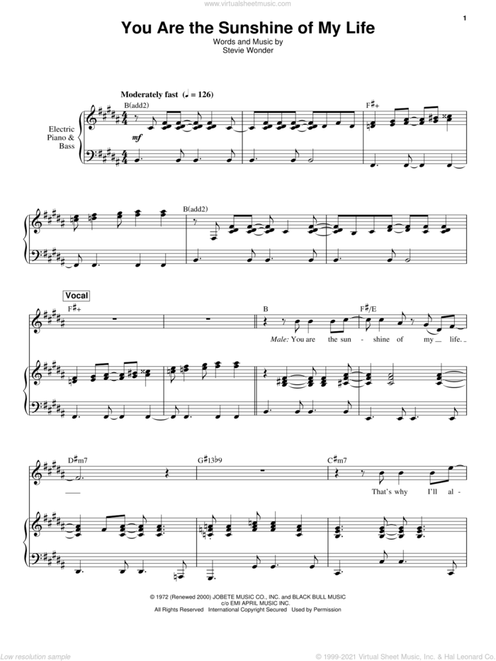 You Are The Sunshine Of My Life sheet music for keyboard or piano by Stevie Wonder, intermediate skill level