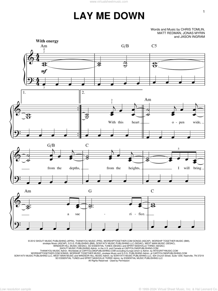 Lay Me Down sheet music for piano solo by Chris Tomlin, Passion, Jason Ingram, Jonas Myrin and Matt Redman, easy skill level