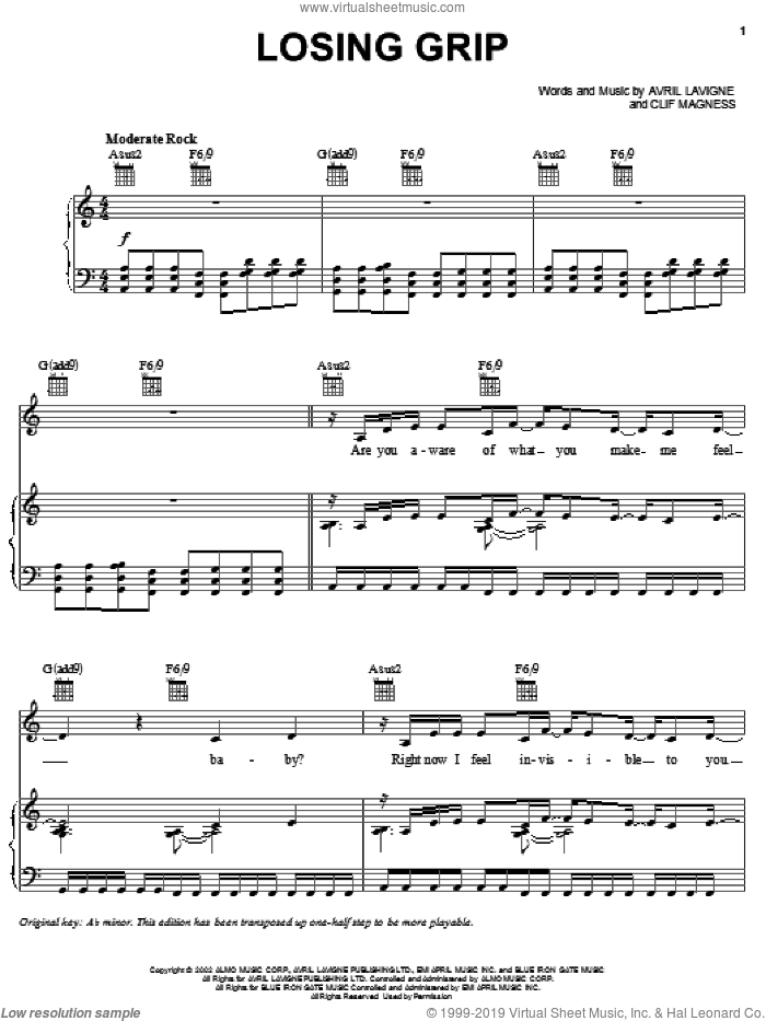 Losing Grip sheet music for voice, piano or guitar by Avril Lavigne and Clif Magness, intermediate skill level