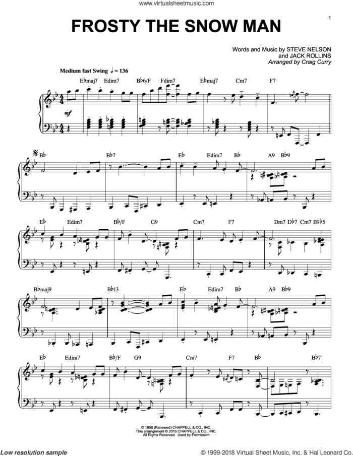 Frosty The Snow Man, (intermediate) sheet music for piano solo by Steve Nelson, Craig Curry and Jack Rollins, intermediate skill level