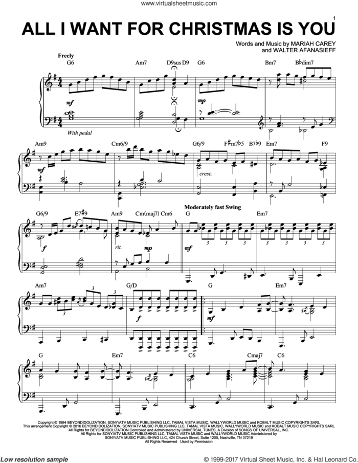 All I Want For Christmas Is You [Jazz version] (arr. Brent Edstrom) sheet music for piano solo by Mariah Carey and Walter Afanasieff, intermediate skill level