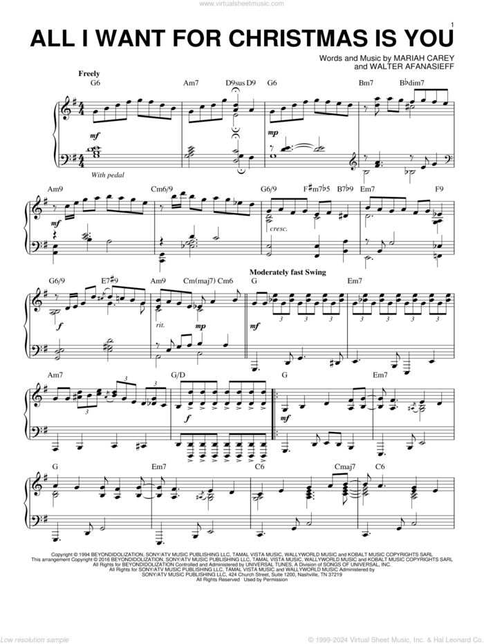 All I Want For Christmas Is You [Jazz version] (arr. Brent Edstrom) sheet music for piano solo by Mariah Carey and Walter Afanasieff, intermediate skill level