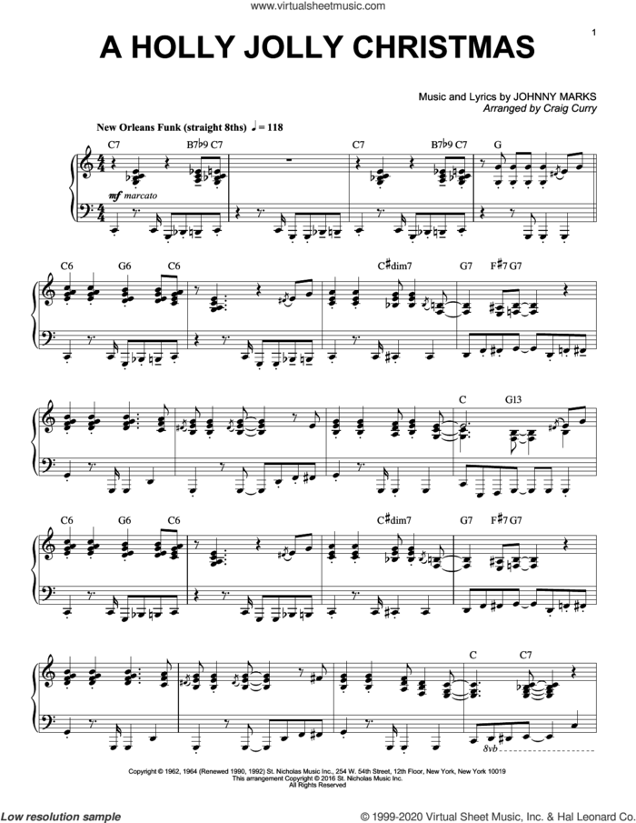 A Holly Jolly Christmas, (intermediate) sheet music for piano solo by Johnny Marks and Craig Curry, intermediate skill level