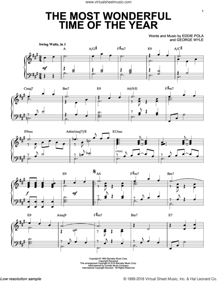 The Most Wonderful Time Of The Year [Jazz version] (arr. Brent Edstrom) sheet music for piano solo by George Wyle and Eddie Pola, intermediate skill level