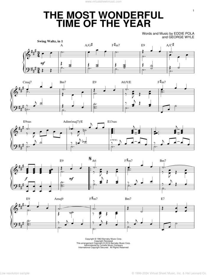 The Most Wonderful Time Of The Year [Jazz version] (arr. Brent Edstrom) sheet music for piano solo by George Wyle and Eddie Pola, intermediate skill level