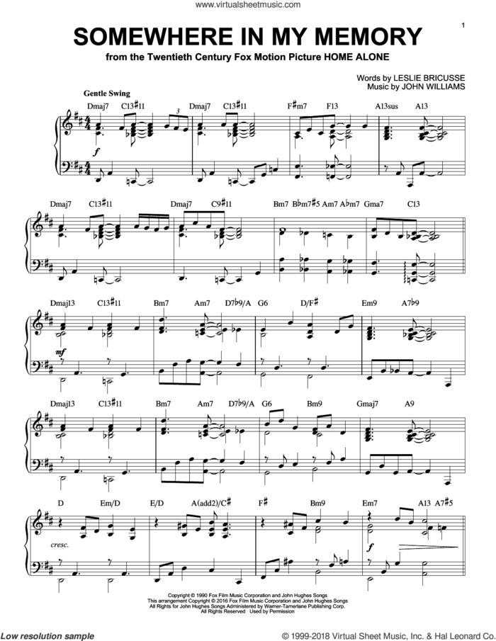 Somewhere In My Memory [Jazz version] (from Home Alone) (arr. Brent Edstrom) sheet music for piano solo by John Williams and Leslie Bricusse, intermediate skill level