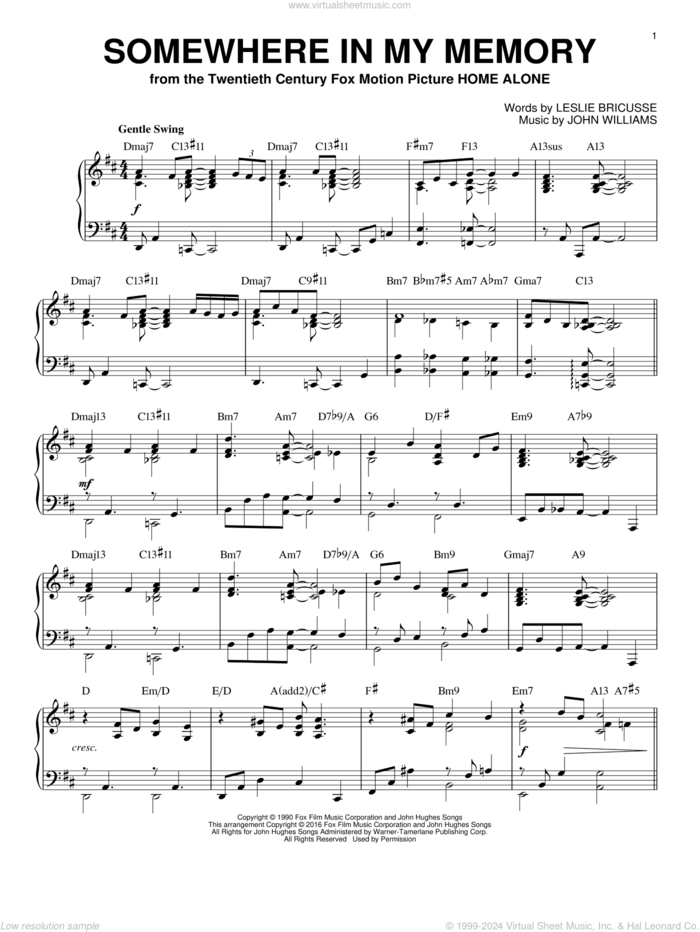 Somewhere In My Memory [Jazz version] (from Home Alone) (arr. Brent Edstrom) sheet music for piano solo by John Williams and Leslie Bricusse, intermediate skill level