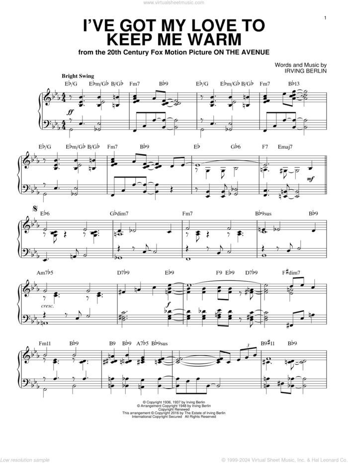 I've Got My Love To Keep Me Warm [Jazz version] (arr. Brent Edstrom) sheet music for piano solo by Irving Berlin and Benny Goodman, intermediate skill level