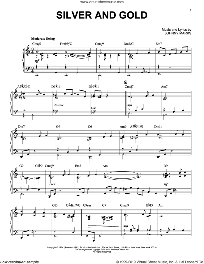 Silver And Gold [Jazz version] (arr. Brent Edstrom) sheet music for piano solo by Johnny Marks, intermediate skill level