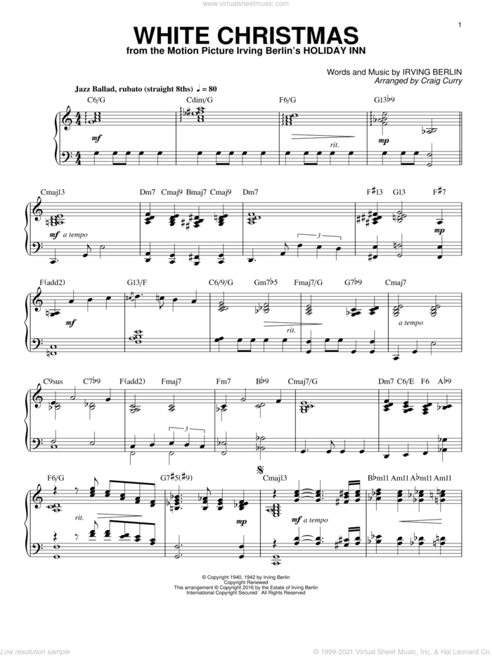 White Christmas sheet music for piano solo by Irving Berlin and Craig Curry, intermediate skill level