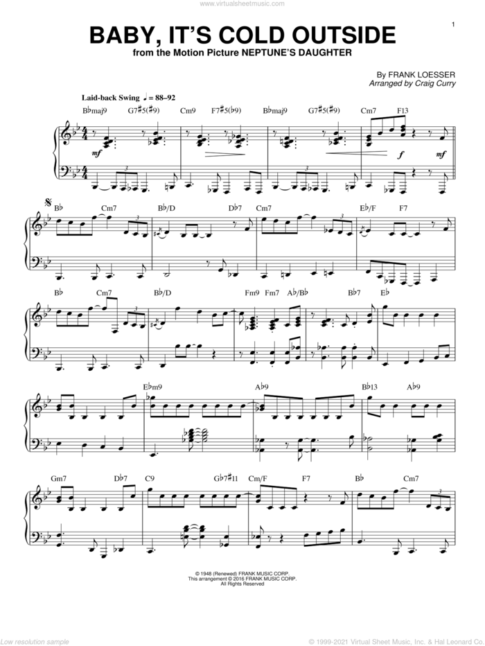 Baby, It's Cold Outside sheet music for piano solo by Frank Loesser, Craig Curry and She & Him, intermediate skill level