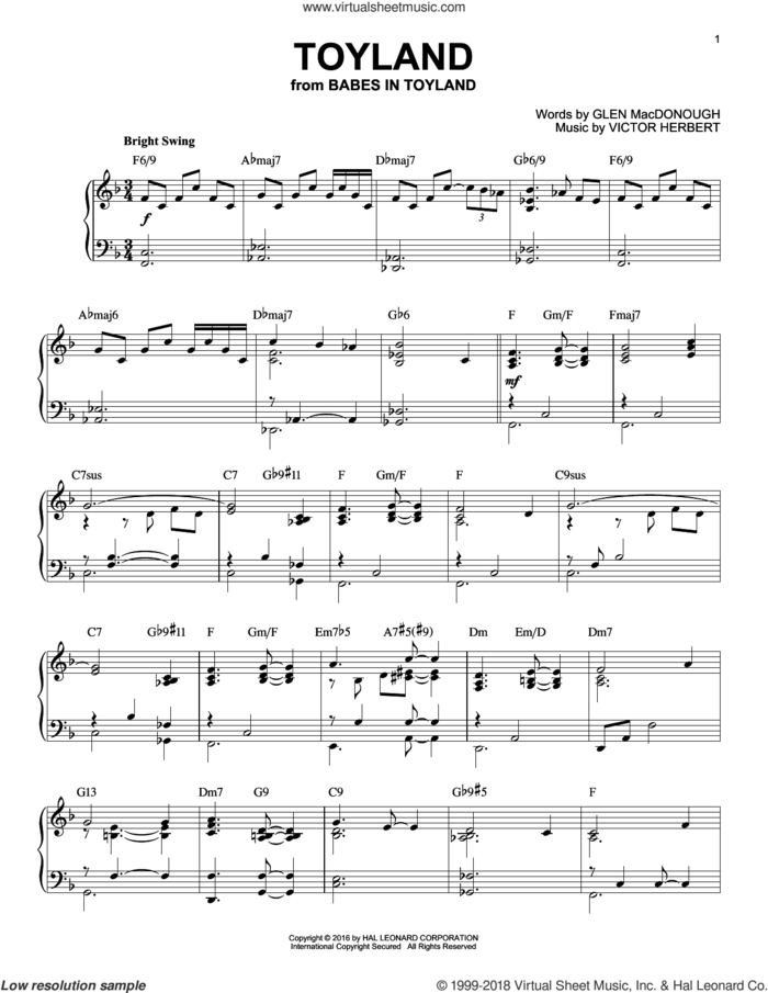 Toyland [Jazz version] (arr. Brent Edstrom) sheet music for piano solo by Victor Herbert and Glen MacDonough, intermediate skill level