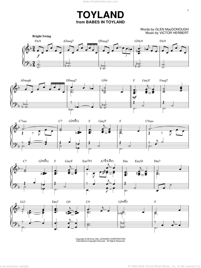 Toyland [Jazz version] (arr. Brent Edstrom) sheet music for piano solo by Victor Herbert and Glen MacDonough, intermediate skill level