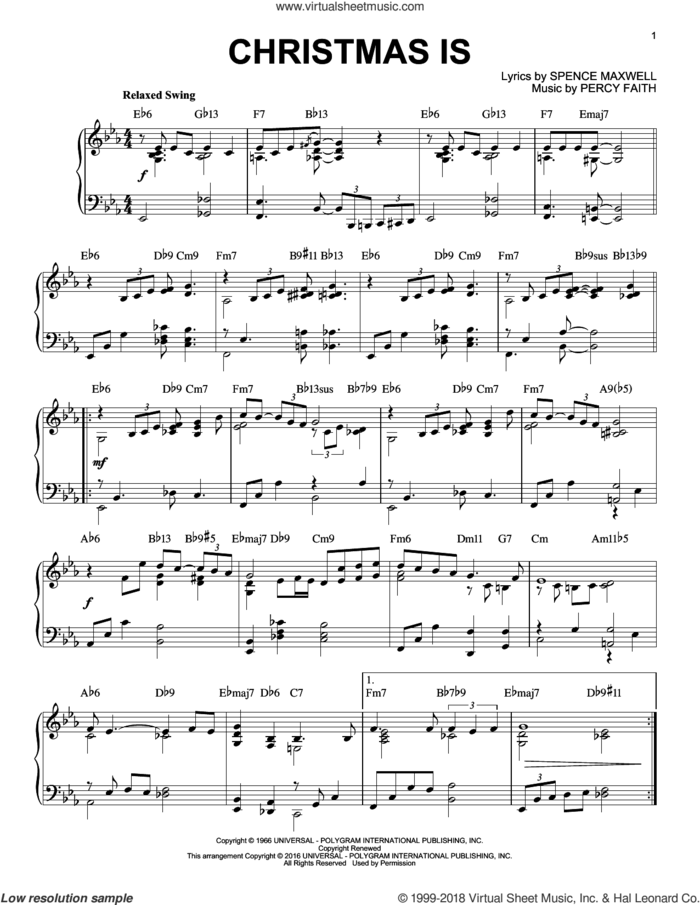 Christmas Is [Jazz version] (arr. Brent Edstrom) sheet music for piano solo by Percy Faith and Spence Maxwell, intermediate skill level